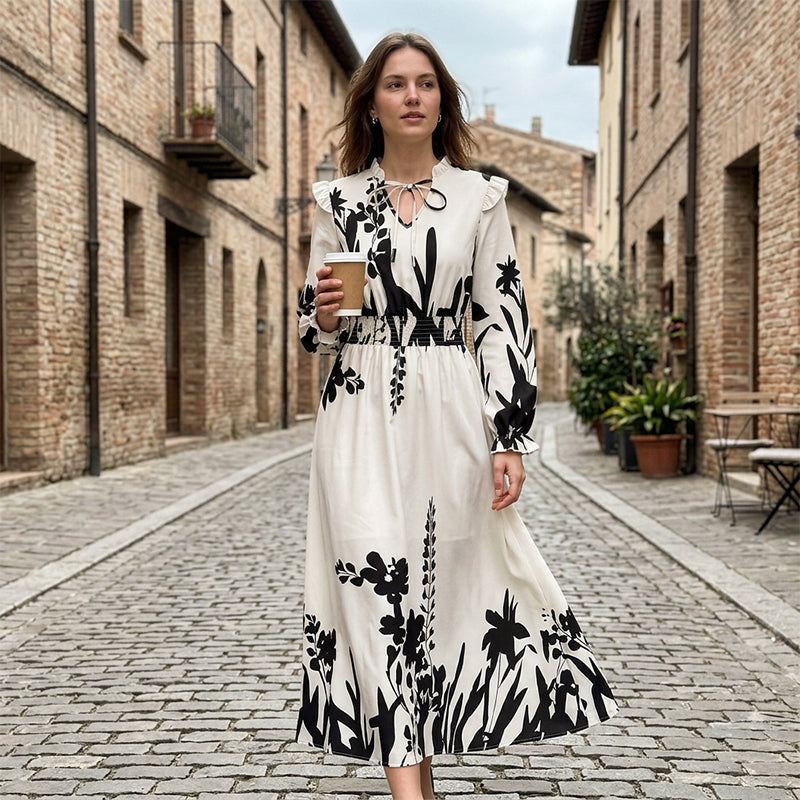 🌸 LIMITED-TIME 50% OFF! 💥 Women's Elegant Floral Printed Maxi Dress – V-Neck Tie, Cinched Waist, Ruffled Sleeves ✨