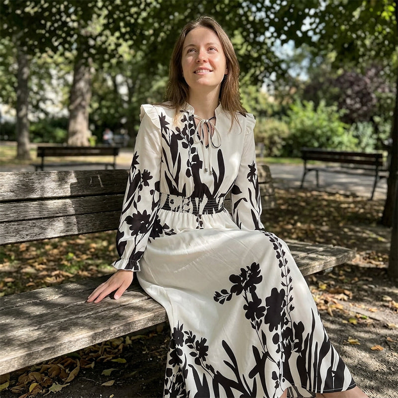 🌸 LIMITED-TIME 50% OFF! 💥 Women's Elegant Floral Printed Maxi Dress – V-Neck Tie, Cinched Waist, Ruffled Sleeves ✨