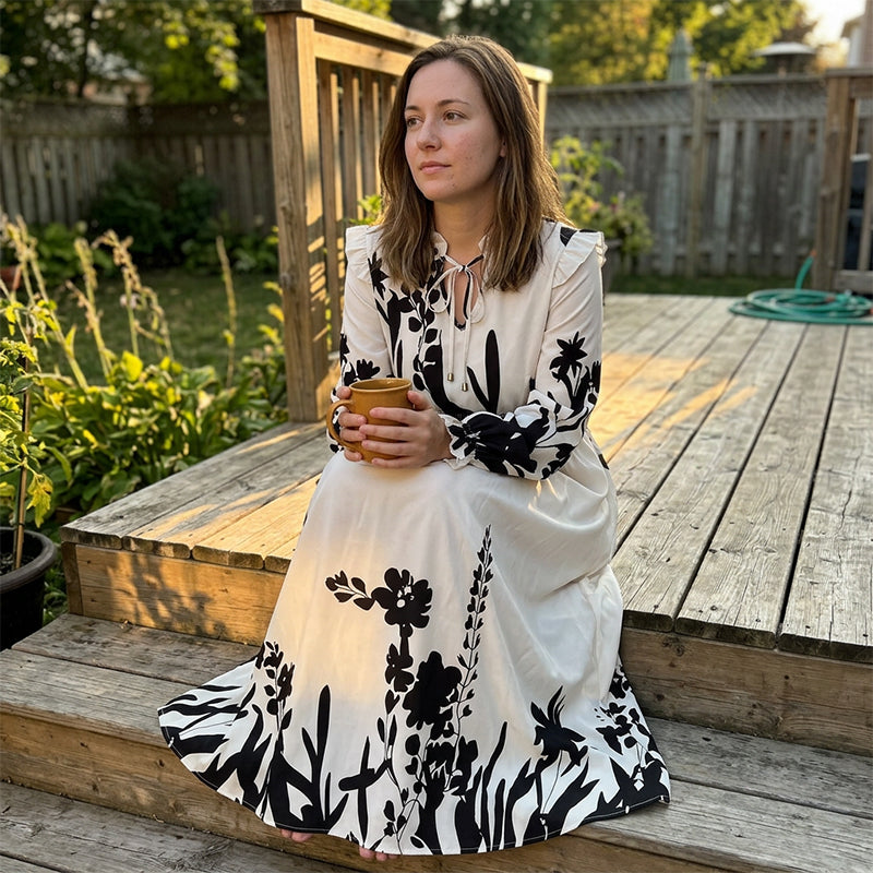🌸 LIMITED-TIME 50% OFF! 💥 Women's Elegant Floral Printed Maxi Dress – V-Neck Tie, Cinched Waist, Ruffled Sleeves ✨