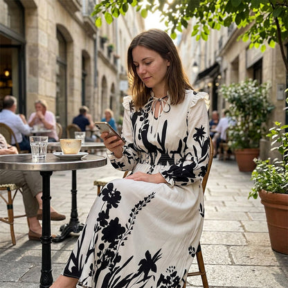 🌸 LIMITED-TIME 50% OFF! 💥 Women's Elegant Floral Printed Maxi Dress – V-Neck Tie, Cinched Waist, Ruffled Sleeves ✨