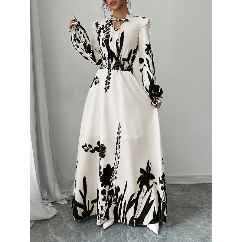 🌸 LIMITED-TIME 50% OFF! 💥 Women's Elegant Floral Printed Maxi Dress – V-Neck Tie, Cinched Waist, Ruffled Sleeves ✨