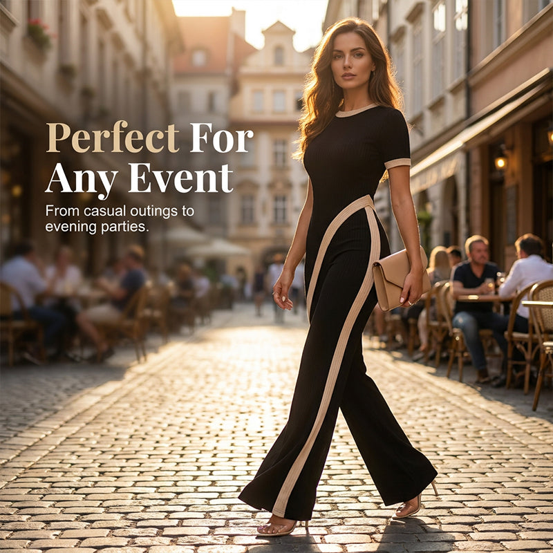 Ensemble haut à manches courtes et pantalon évasé pour femme