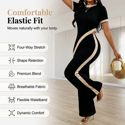 Ensemble haut à manches courtes et pantalon évasé pour femme