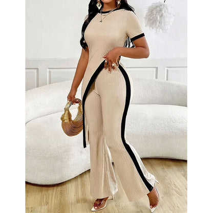 Ensemble haut à manches courtes et pantalon évasé pour femme