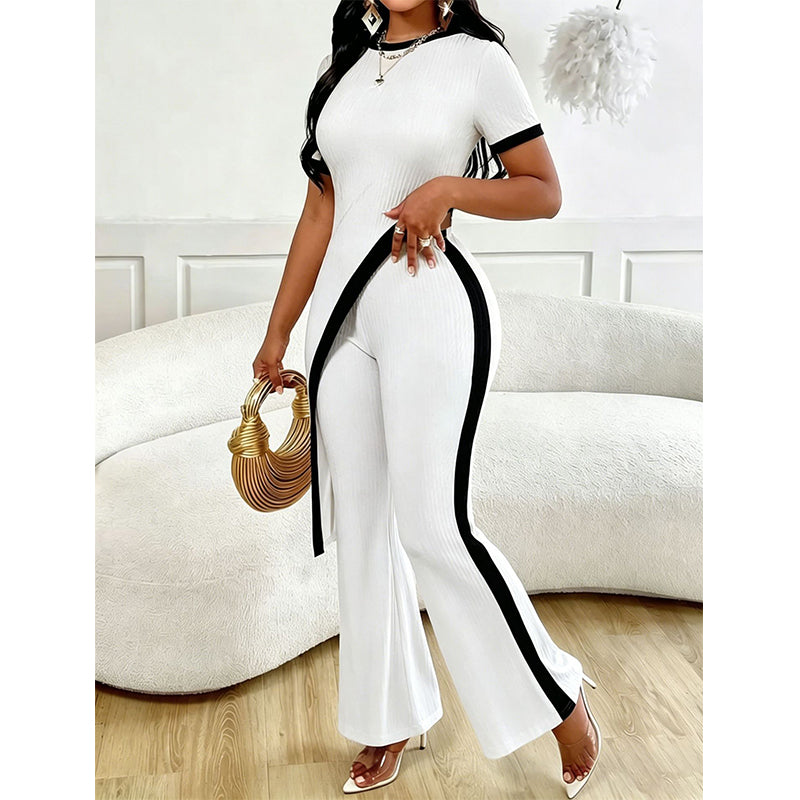 Ensemble haut à manches courtes et pantalon évasé pour femme