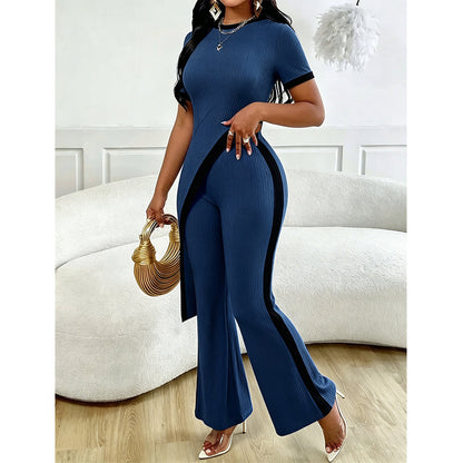 Ensemble haut à manches courtes et pantalon évasé pour femme