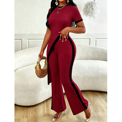 Ensemble haut à manches courtes et pantalon évasé pour femme