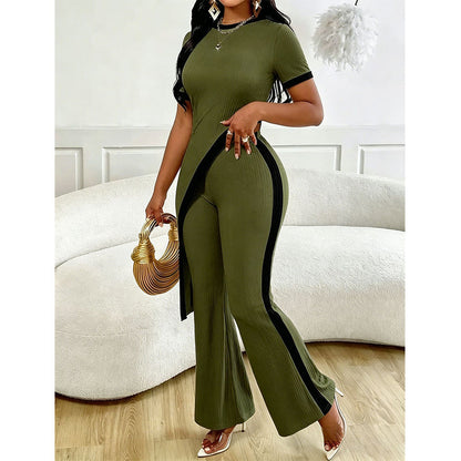 Ensemble haut à manches courtes et pantalon évasé pour femme
