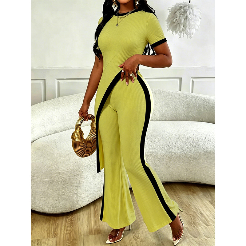 Ensemble haut à manches courtes et pantalon évasé pour femme