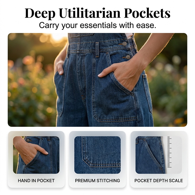 Combinaison-pantalon ample en jean pour femme, avec poches, idéale pour l'été