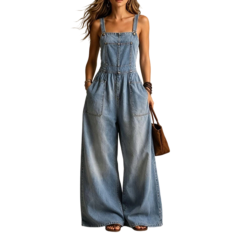 Combinaison-pantalon ample en jean pour femme, avec poches, idéale pour l'été