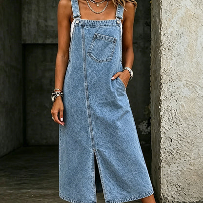 👗 50 % DE RÉDUCTION EN CE MOMENT ! 👖 Robe-salopette midi sans manches en jean pour femme – Jean doux et coupe décontractée – Style vintage, poches latérales – Idéale pour les journées décontractées ou les superpositions estivales ✨