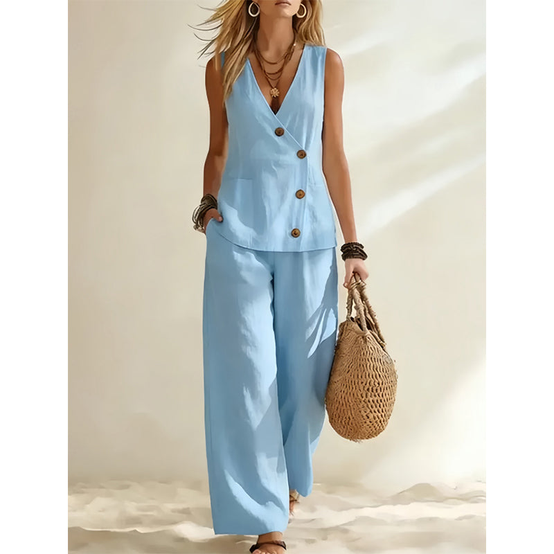💃 Elegant väst-set med vida ben – asymmetrisk knapprad, smickrande siluett & luftig passform, perfekt för både fest & vardag 🌿