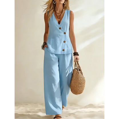 💃 Elegant väst-set med vida ben – asymmetrisk knapprad, smickrande siluett & luftig passform, perfekt för både fest & vardag 🌿