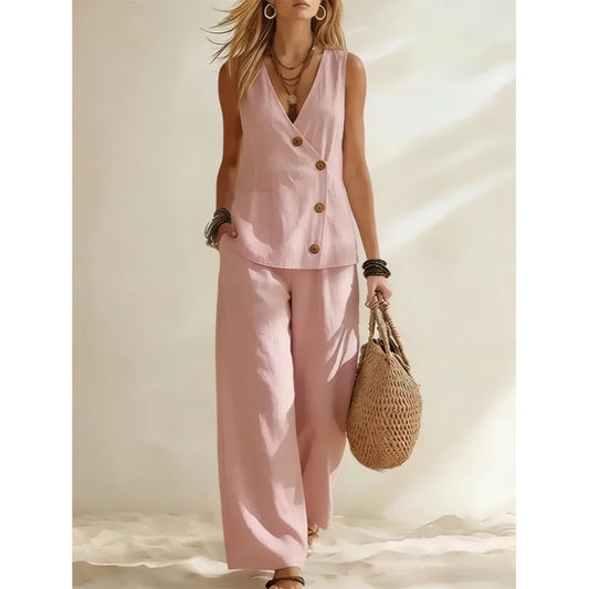 💃 Elegant väst-set med vida ben – asymmetrisk knapprad, smickrande siluett & luftig passform, perfekt för både fest & vardag 🌿
