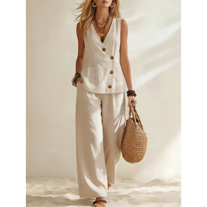 💃 Elegant väst-set med vida ben – asymmetrisk knapprad, smickrande siluett & luftig passform, perfekt för både fest & vardag 🌿
