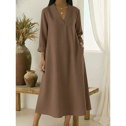 🔥Robe A-line en coton et lin à col en V pour femme