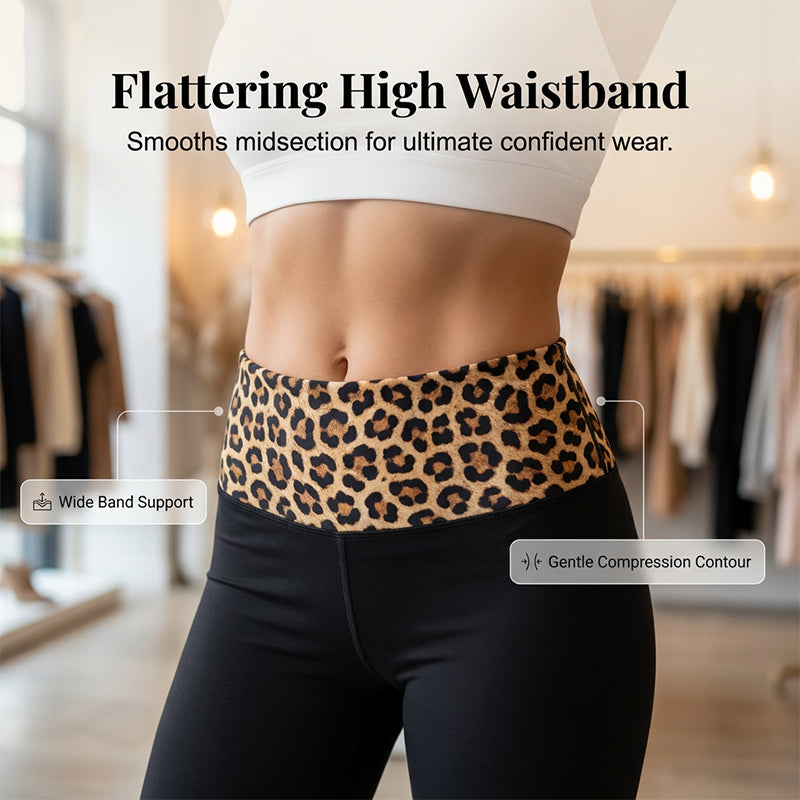 😍❤️ Pantaloni de yoga pentru femei, cu talie înaltă, cu imprimeu leopard și croi ușor evazat☁️