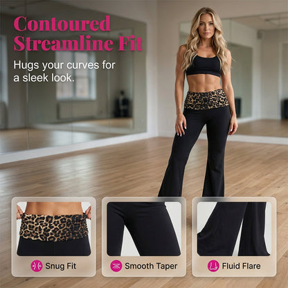 😍❤️ Pantaloni de yoga pentru femei, cu talie înaltă, cu imprimeu leopard și croi ușor evazat☁️
