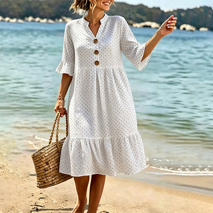 Robe d'été à pois pour femme avec manches à volants – Chic et flatteuse sans effort ✨