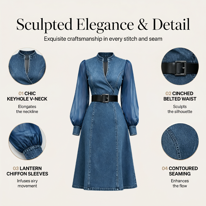 Slim Fit Stand Collar Denim Midi Dress