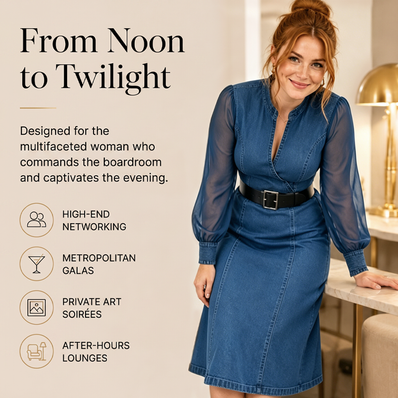 Slim Fit Stand Collar Denim Midi Dress
