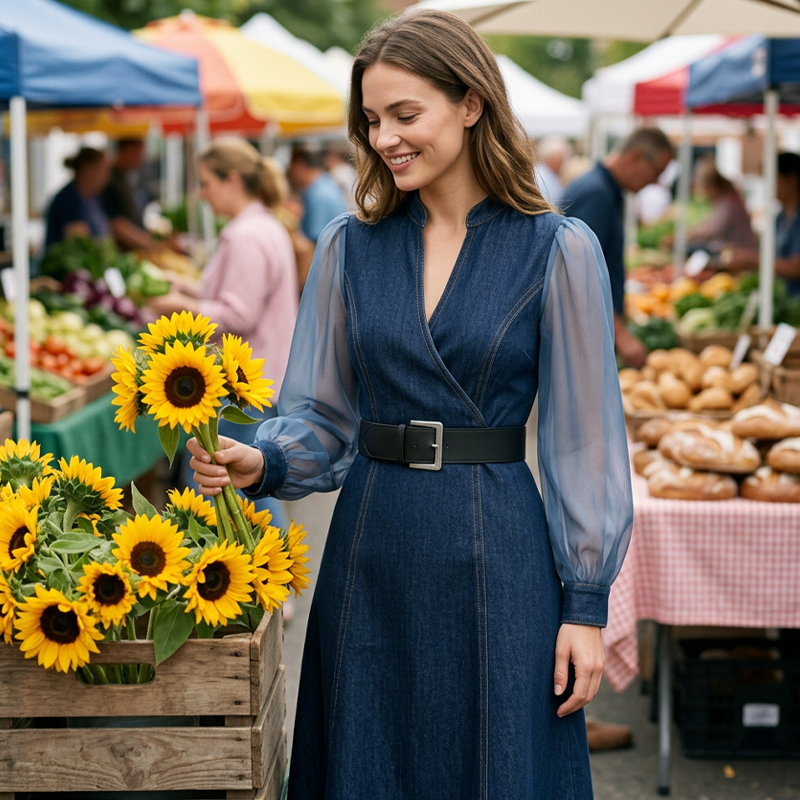 Slim Fit Stand Collar Denim Midi Dress