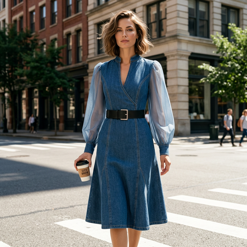 Slim Fit Stand Collar Denim Midi Dress