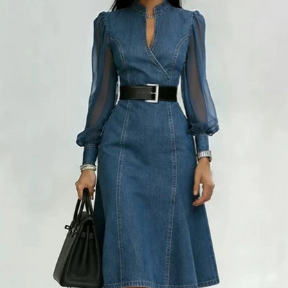 Slim Fit Stand Collar Denim Midi Dress