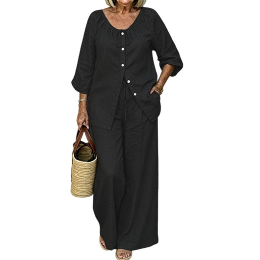 👗✨ Ensemble 2 pièces pour femme composé d'un chemisier boutonné et d'un pantalon large – élégant et confortable