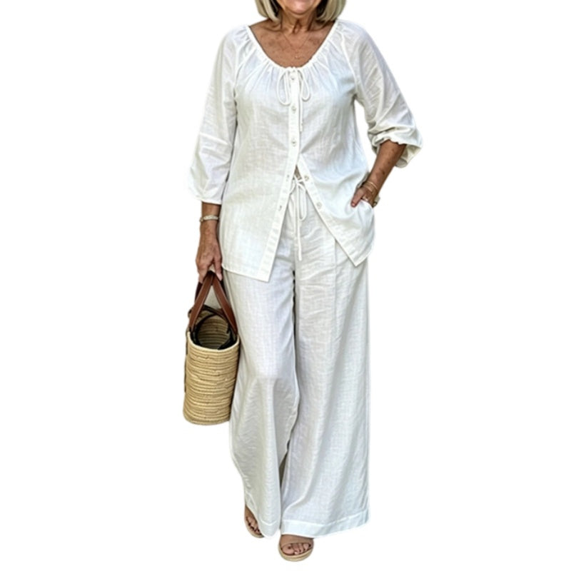 👗✨ Conjunto feminino 2 peças com blusa de botões e calça pantalona – elegante e confortável
