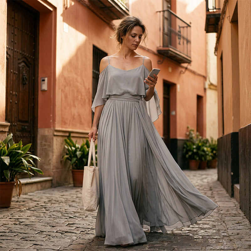👗 Robe fluide sans manches à encolure asymétrique – design minimaliste, jupe ample et allure élégante, idéale pour les occasions spéciales et le quotidien avec élégance 🌙