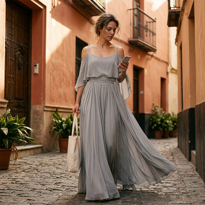 👗 Robe fluide sans manches à encolure asymétrique – design minimaliste, jupe ample et allure élégante, idéale pour les occasions spéciales et le quotidien avec élégance 🌙