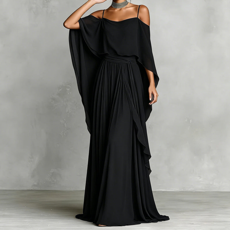 👗 Robe fluide sans manches à encolure asymétrique – design minimaliste, jupe ample et allure élégante, idéale pour les occasions spéciales et le quotidien avec élégance 🌙