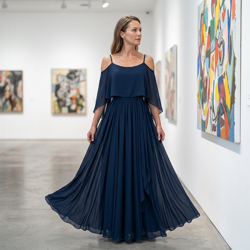 👗 Robe fluide sans manches à encolure asymétrique – design minimaliste, jupe ample et allure élégante, idéale pour les occasions spéciales et le quotidien avec élégance 🌙