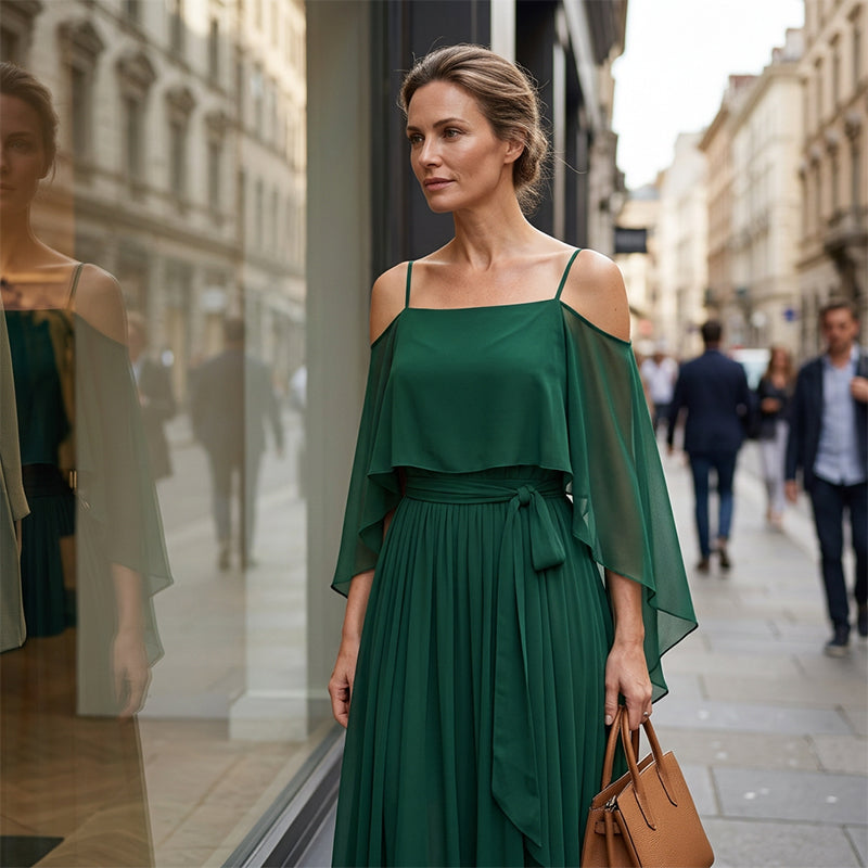 👗 Robe fluide sans manches à encolure asymétrique – design minimaliste, jupe ample et allure élégante, idéale pour les occasions spéciales et le quotidien avec élégance 🌙