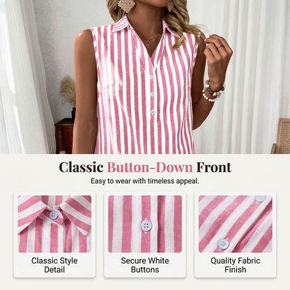 🛒 Offre de lancement -53%🌸Robe chemise rayée sans manches pour femmes col en V