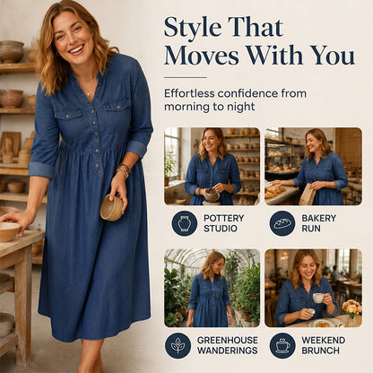 👗💙 Vestido longo jeans plus size com botões – conforto e estilo para todas as ocasiões