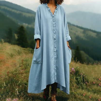👗 🌸V-Neck Ruffle Trim Loose Maxi Dress – luftiger Schnitt, romantische Rüschen & vielseitig – perfekt für warme Tage, Strand & besondere Anlässe