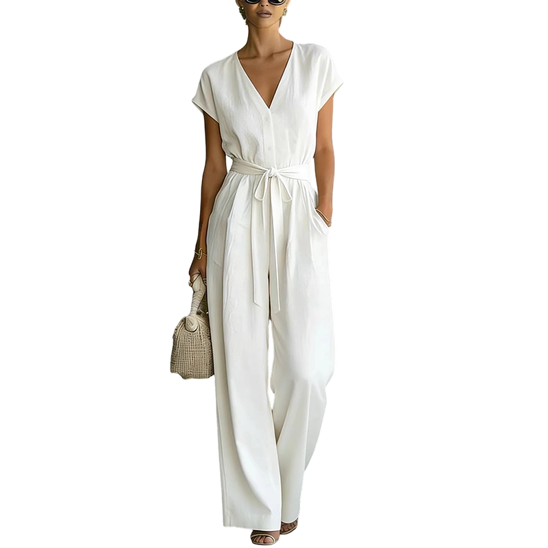 🎯 Nur heute: 50% + versandkostenfrei! Damen V-Ausschnitt Weitbein-Jumpsuit mit Taillenschleife