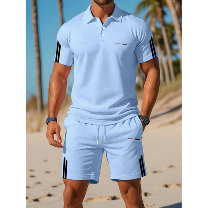 🏆👕 PROMO FLASH 50% ! Ensemble Short & T-Shirt Manches Courtes Homme – Mélange Coton Respirant, Col Classique, Rayures Athlétiques, 2 Coloris, Tailles S-5XL 🔥