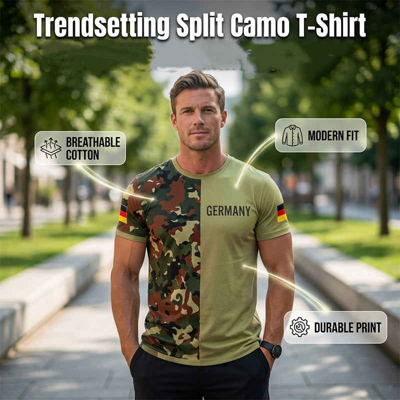 👕 T-shirt homme à col rond et patchwork camouflage – Style militaire décontracté, respirant et confortable – Idéal au quotidien, en extérieur et pour les loisirs