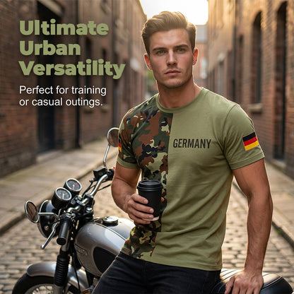 👕 T-shirt homme à col rond et patchwork camouflage – Style militaire décontracté, respirant et confortable – Idéal au quotidien, en extérieur et pour les loisirs