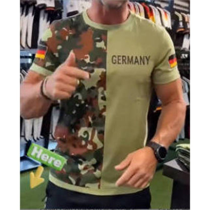👕 T-shirt homme à col rond et patchwork camouflage – Style militaire décontracté, respirant et confortable – Idéal au quotidien, en extérieur et pour les loisirs