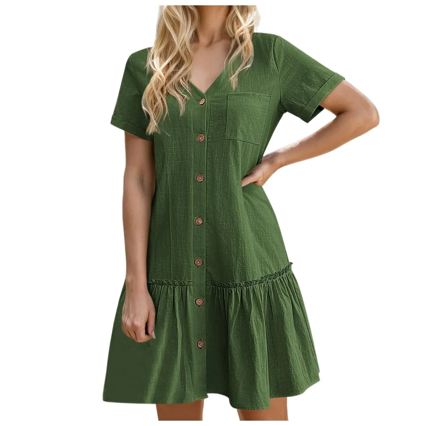 Robe à nouer pour femme, robe d'été ample en coton et lin, avec ourlet à volants, robe décontractée à manches courtes
