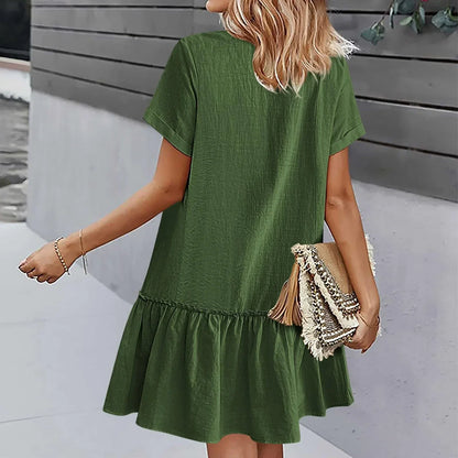 Robe à nouer pour femme, robe d'été ample en coton et lin, avec ourlet à volants, robe décontractée à manches courtes
