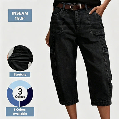 📢👖 PROMO FLASH 52% ! Pantalon Jean Court Extensible Femme – Coupe Barrel Décontractée, Taille Mi-Haute, Poches Multiples, 2 Coloris, Tailles S-3XL, Idéal Quotidien ✨