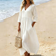 Robe longue à col en V et manches 3/4 pour femme