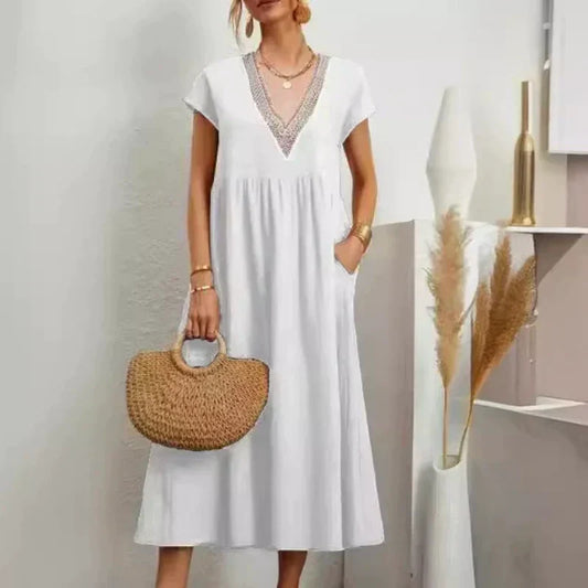 Robe élégante à col en V, manches courtes et coupe ample pour femme