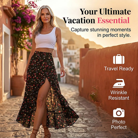 Jupe midi pour femme à motif floral, taille haute, volants et fente, idéale pour les vacances d'été.